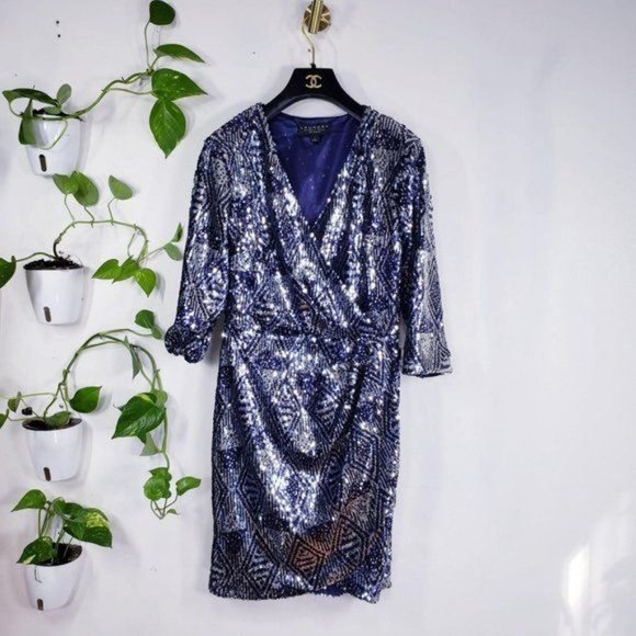 Sequin Wrap Dress Womens 2‎ XS Navy Diamond Sparkle Cocktail Mini LAUNDRY NEW - Picture 4 of 12